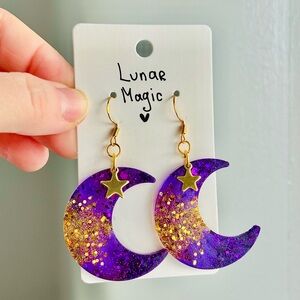 🔴 SOLD 💜 Lunar Magic – Handmade Crescent Moon & Star Earrings | Purple Glitter